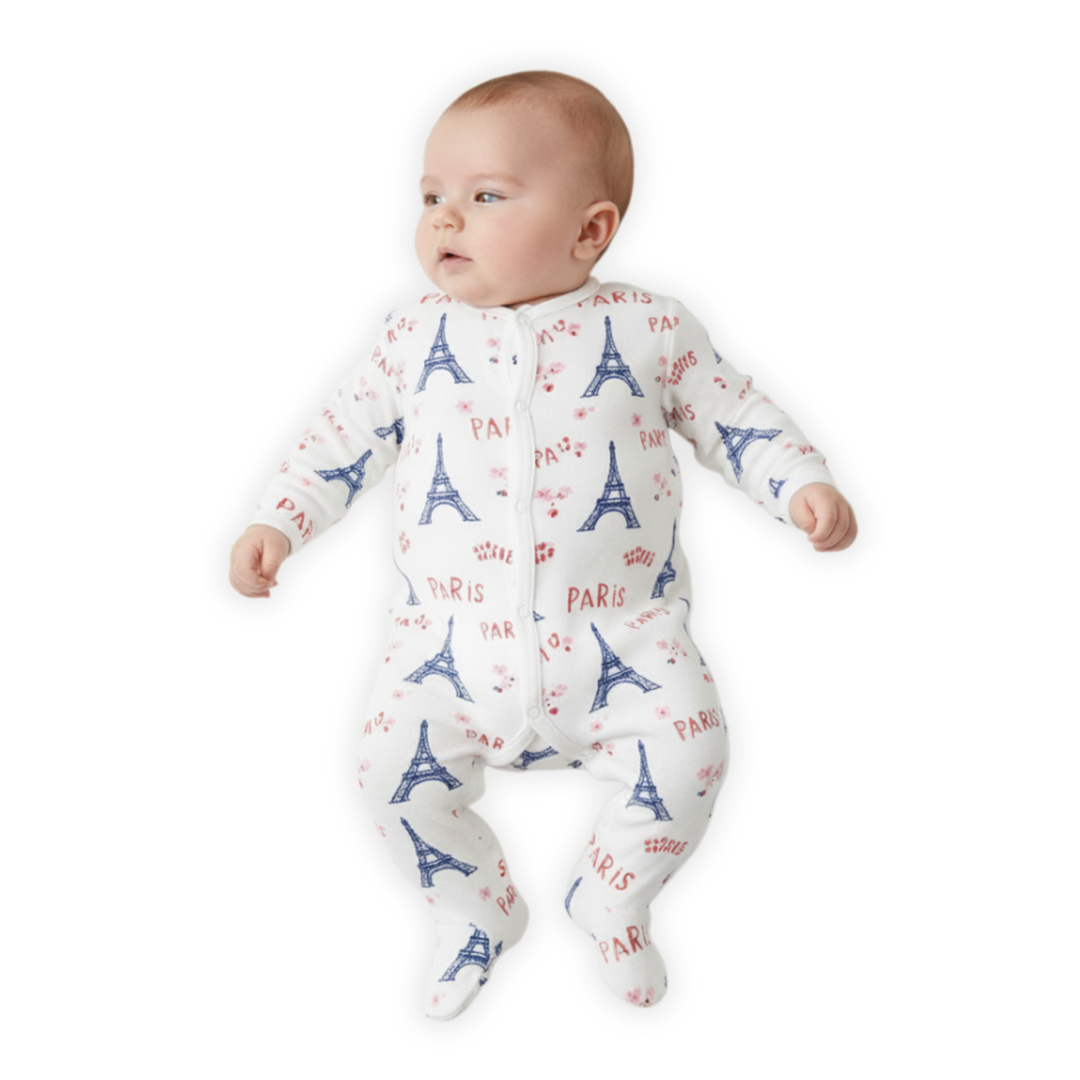 Petit Bateau - Baby Girl Front Snap Parisien Print Footie | Soft Cotton Sleepsuit