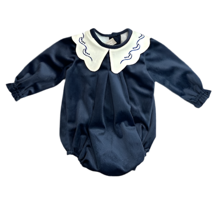 Carmina Navy Velvet Boy’s Bubble – Midnight Blue Velvet with Hand-Embroidered Scalloped Collar