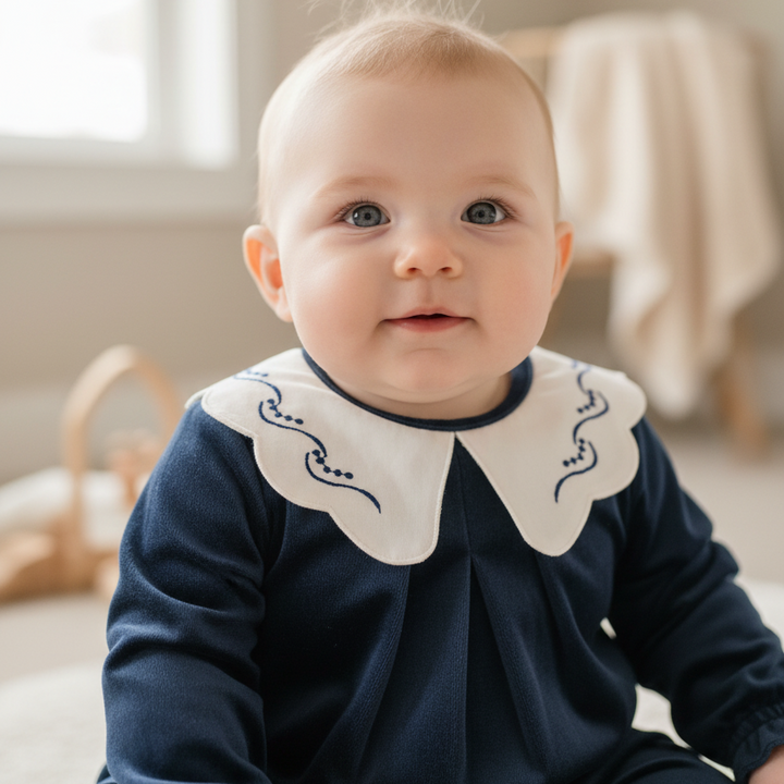 Carmina Navy Velvet Boy’s Bubble – Midnight Blue Velvet with Hand-Embroidered Scalloped Collar