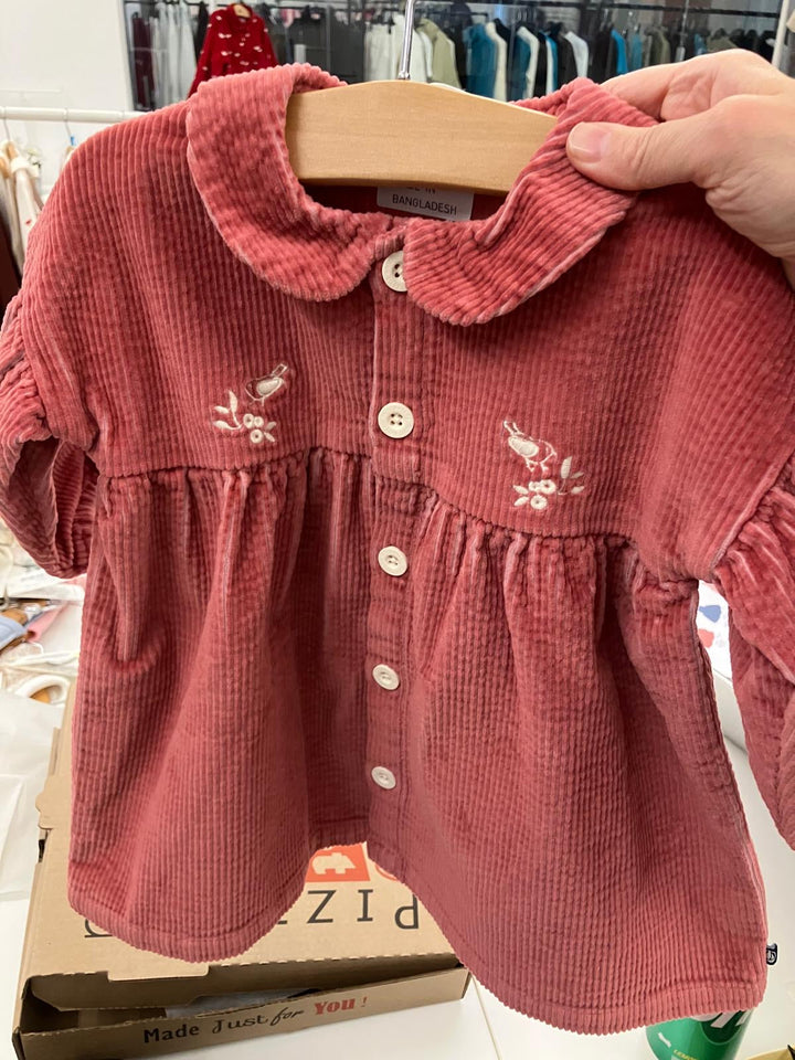 Red corduroy dress with floral embroidery on a hanger, with a blurred store background.
