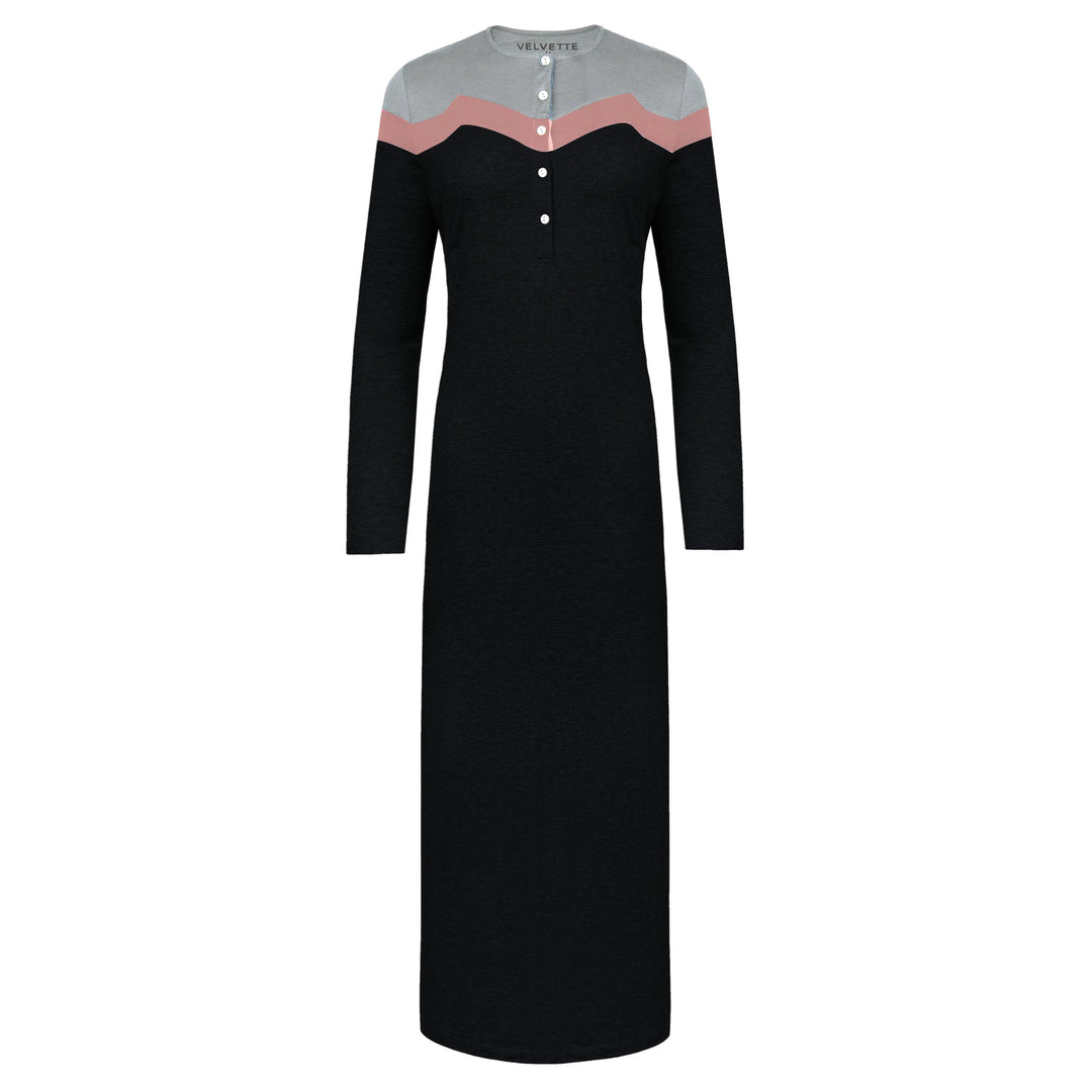 Black dress with a colorful neckline on a white background