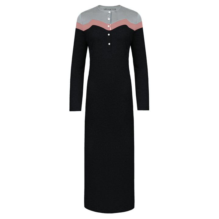Black dress with a colorful neckline on a white background