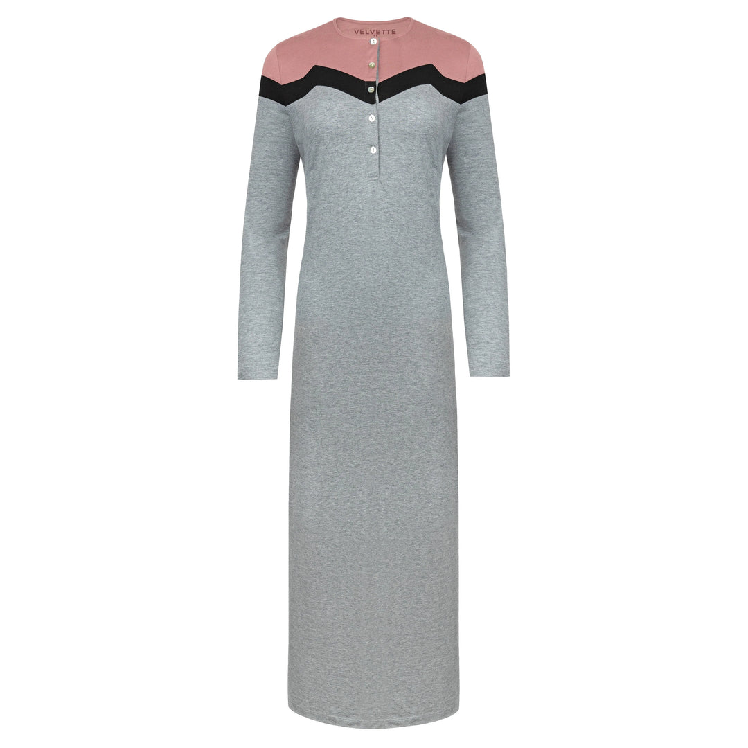 Gray dress with pink and black accents on a white background
