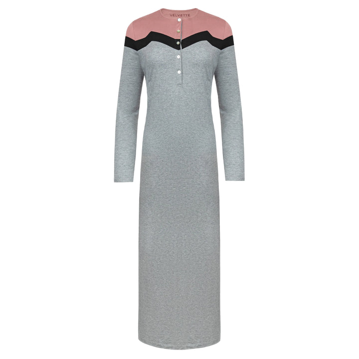 Gray dress with pink and black accents on a white background