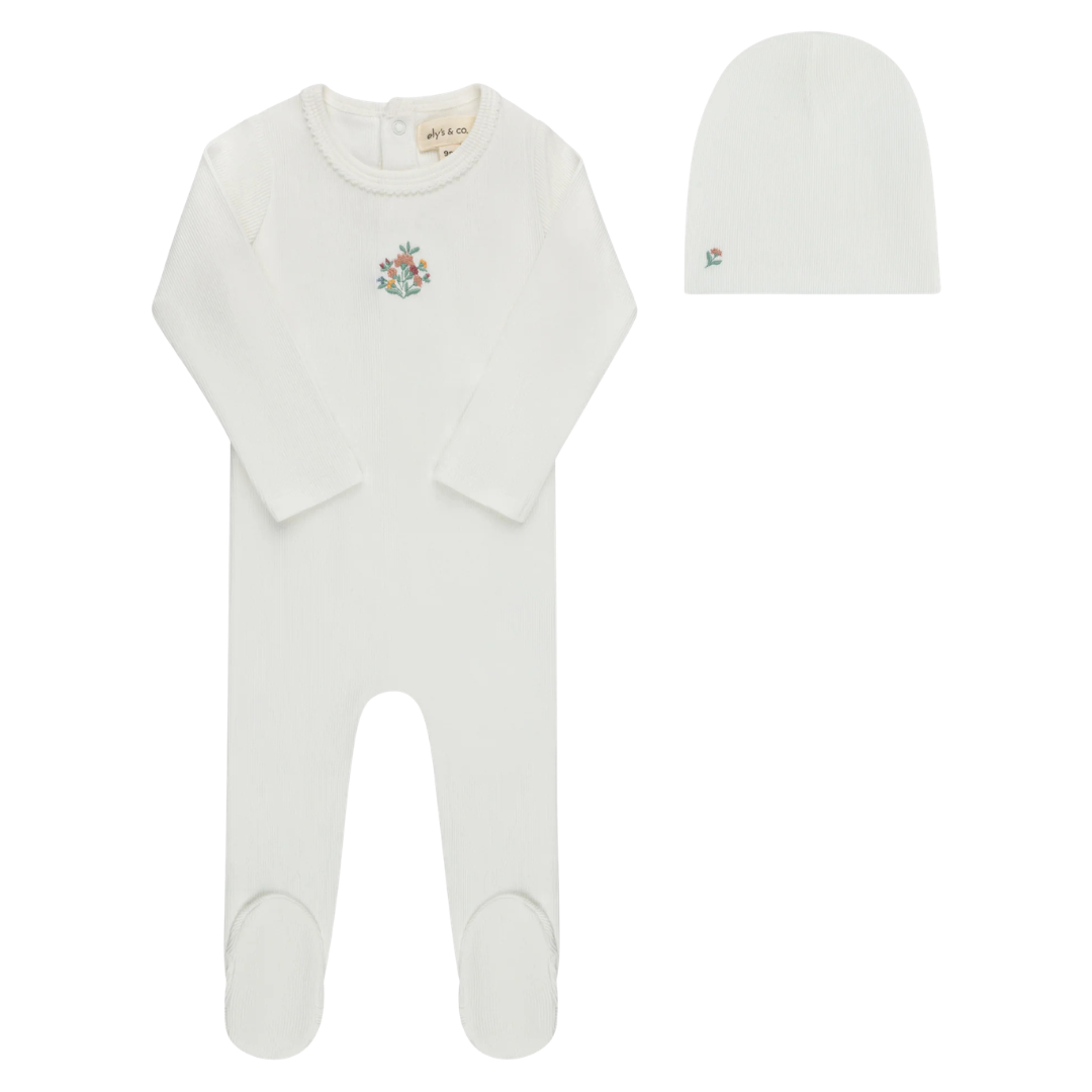 Ely's and Co Baby Girl Ribbed Floral Embroidered Footie and Beanie Set Boutique Newborn Toddler Designer Soft Cotton Sleeper