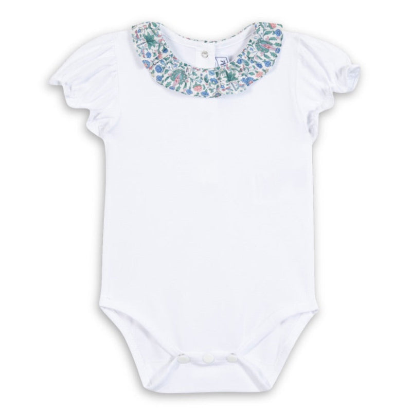 White baby bodysuit with floral collar on a white background