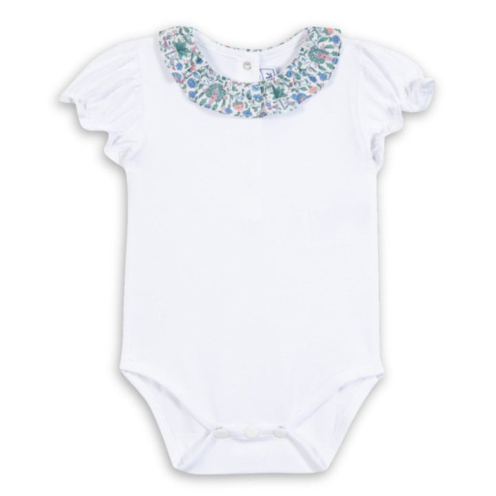 White baby bodysuit with floral collar on a white background