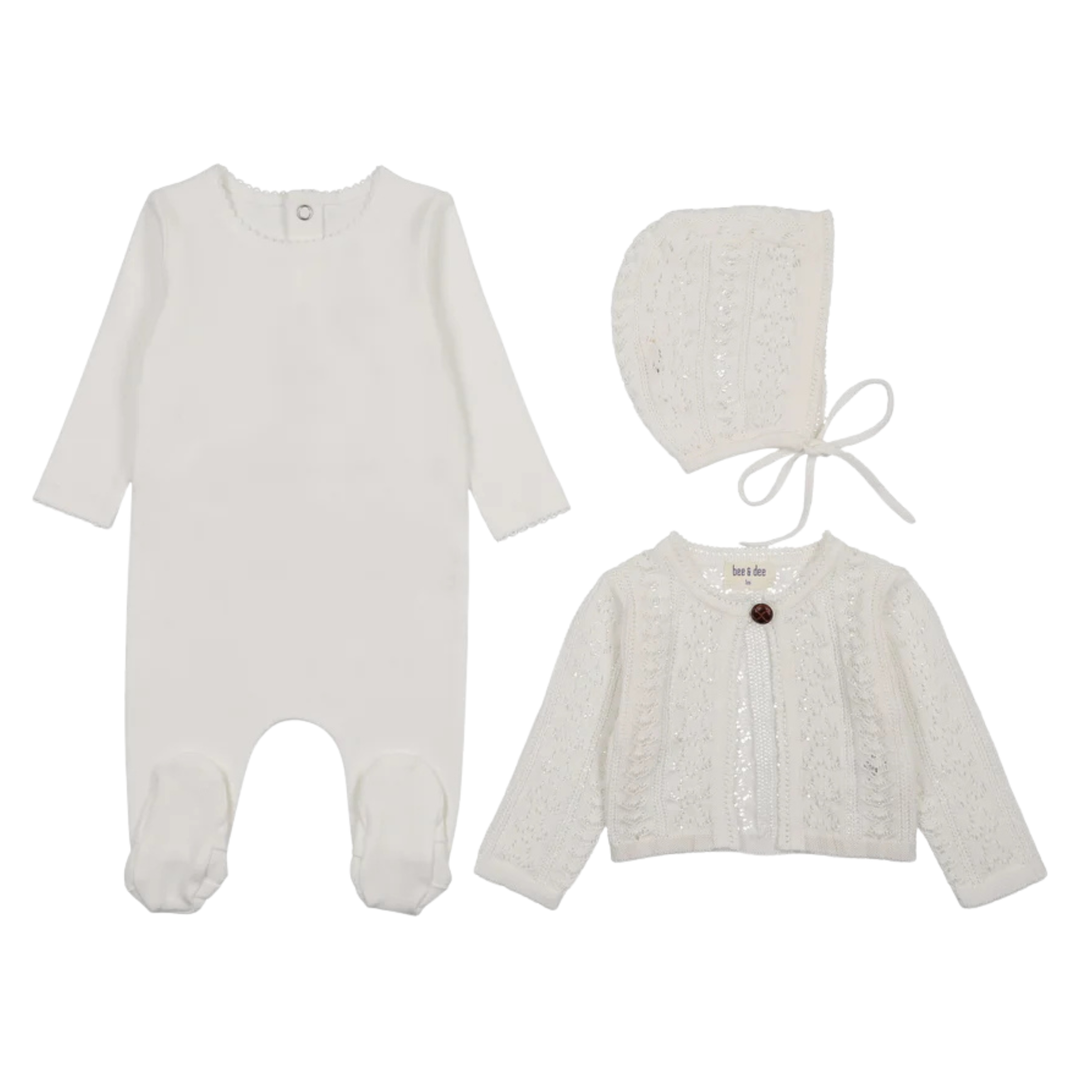 Bee &amp; Dee Chalk White Intricate Knit Footie and Bonnet Set Elegant Minimalist Boutique Newborn Toddler Outfit