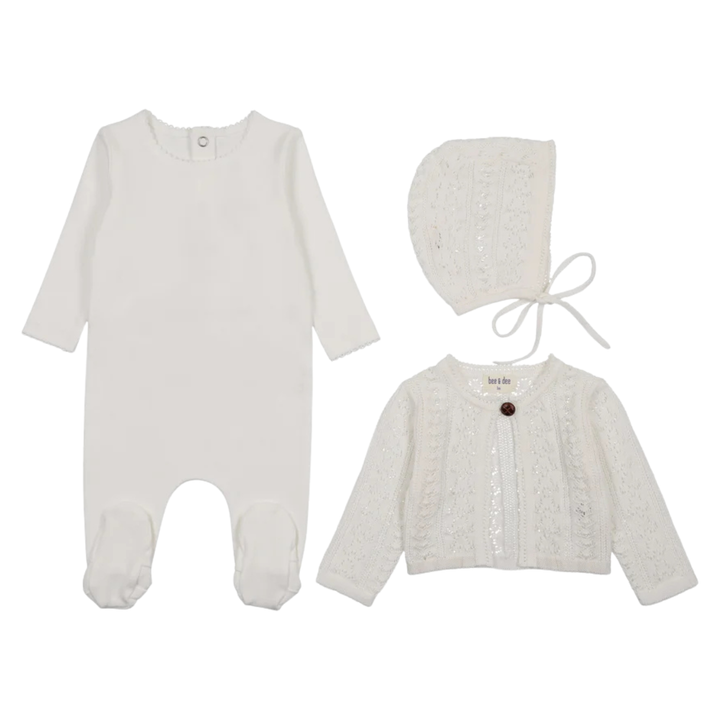Bee &amp; Dee Chalk White Intricate Knit Footie and Bonnet Set Elegant Minimalist Boutique Newborn Toddler Outfit