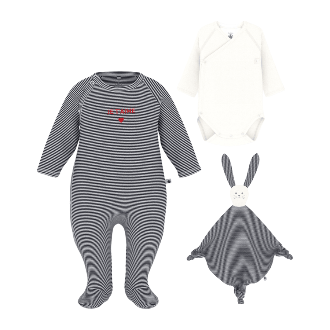 Petit Bateau - Baby 3pc Set Stripe Footie Bodysuite and Doudou
