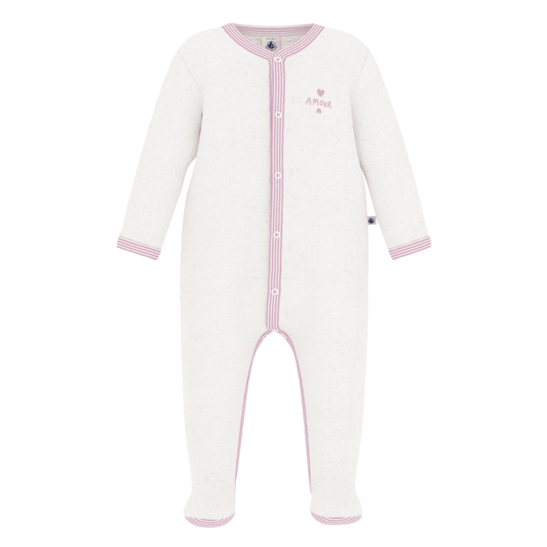 Petit Bateau - Baby Girl Velour Front Snap Footie With Pink Trim