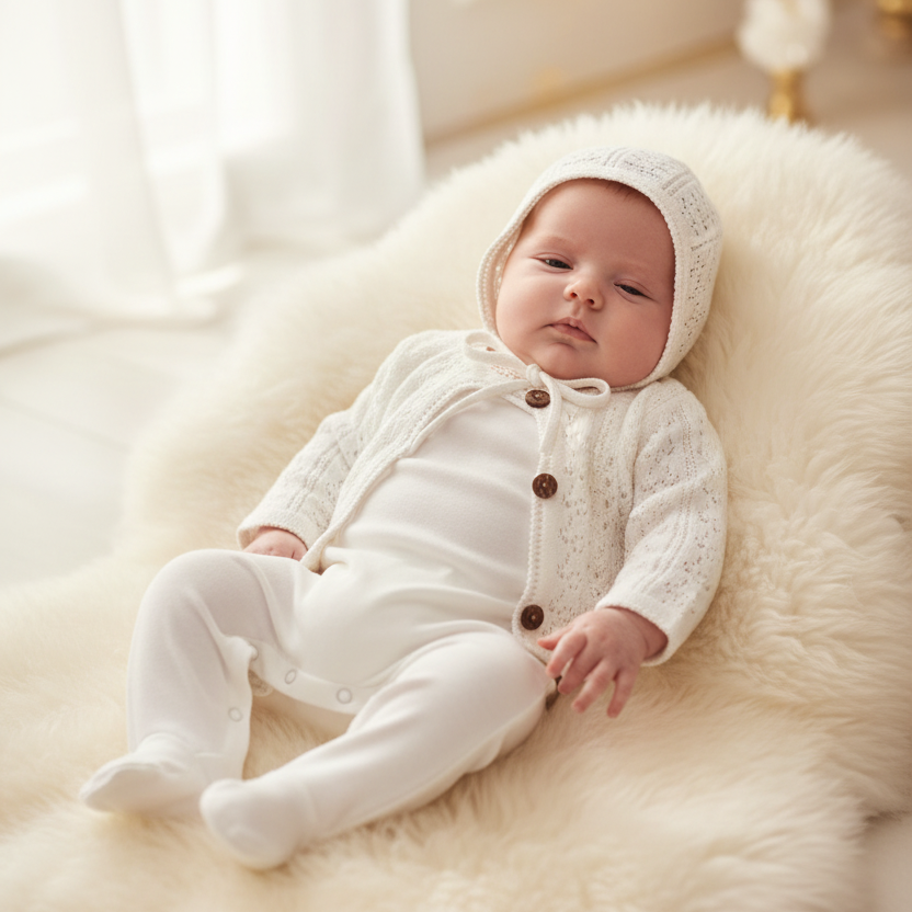 Bee &amp; Dee Chalk White Intricate Footie &amp; Bonnet Set | Luxury Heirloom Newborn Layette