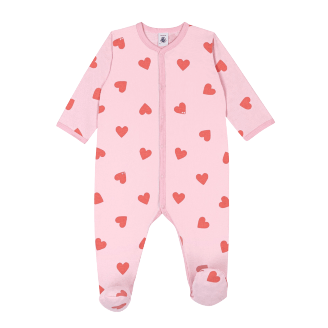 Petit Bateau - Baby Girl Front Snap Heart Print Footie