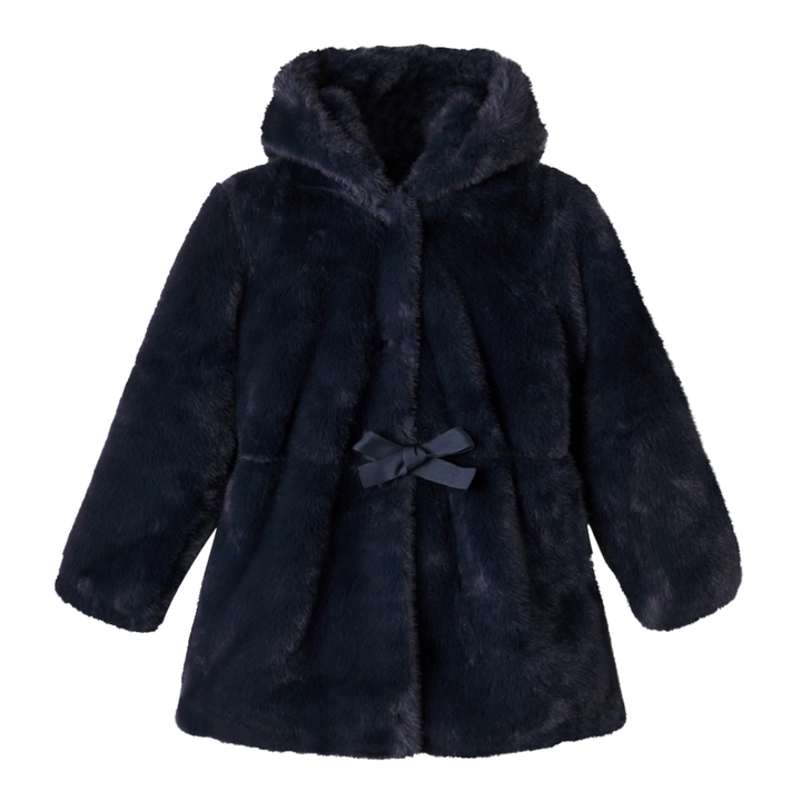 Tartine et Chocolat Girls Navy Hooded Faux Fur Coat | Luxury Parisian Winter Outerwear