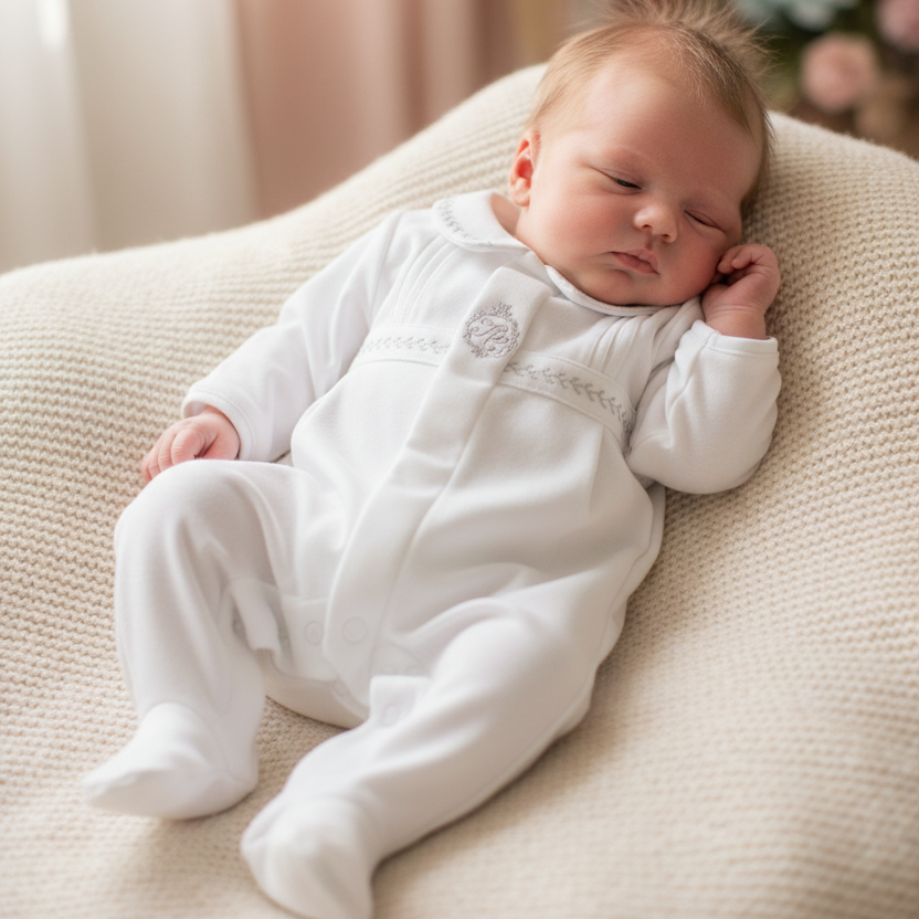 Tartine et Chocolat White Velvet Embroidered Emblem Footie