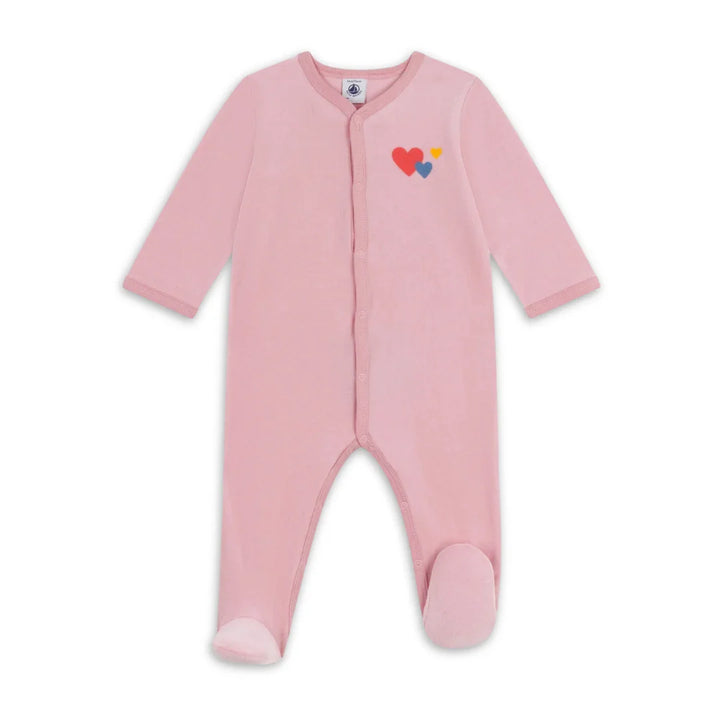 Petit Bateau Pink Graphic Velour Front Snap Footie Soft Velour Baby Footed Onesie Graphic Print Design