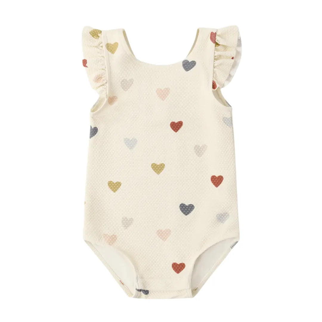 Quincy Mae Girls Scoop Back One-piece Swimsuit Confetti Hearts Print Boutique Toddler Designer Recycled UPF 50+ Swimwear