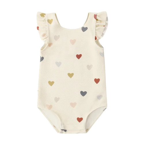 Quincy Mae Girls Scoop Back One-piece Swimsuit Confetti Hearts Print Boutique Toddler Designer Recycled UPF 50+ Swimwear