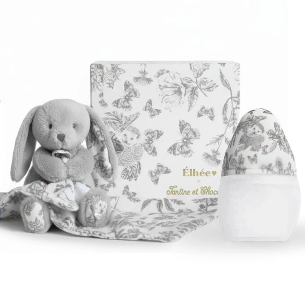 Tartine et Chocolat x Élhée Toile de Jouy Grey Gift Set – Anti-Colic Baby Bottle + Doudou